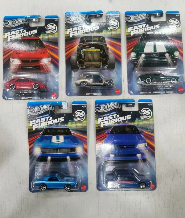 HOTWHEELS Hot Wheels SILVER SERIES | FAST & FURIOUS DREAM LINEUP | IMPORTED | SET OF 5 CARS | 1999 SUBARU IMPREZA WRX | CHEVY FLEETLINE | 1967 CUSTOM MUSTANG | 1969 CAMARO | 1999 NISSAN MAXIMA | HNR88