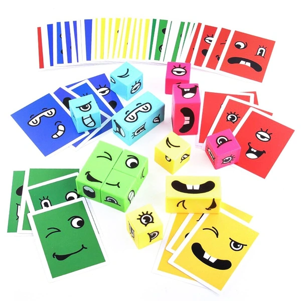 Emoji Cube face Change Game for Kids|Expressions Puzzles Toy with 16 Cube|36 Challenge Card, 18 Double Sided Answer Card, Face Changing Matching Blocks