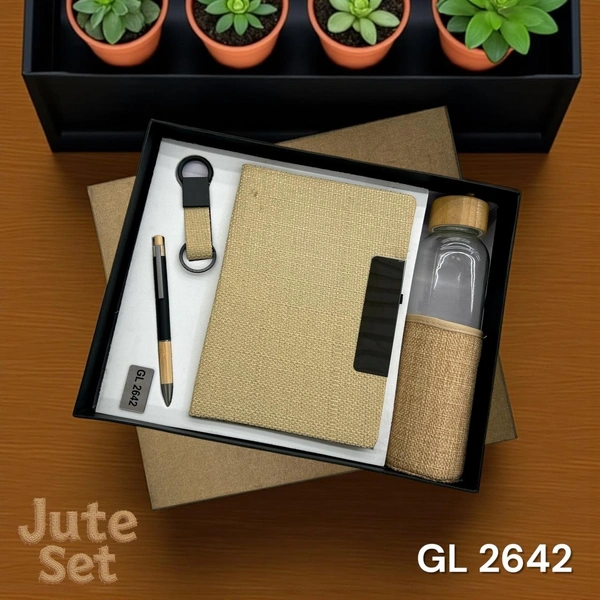 GL 2642 Jute Fabric Welcome Kit with Glass Water Bottle Set