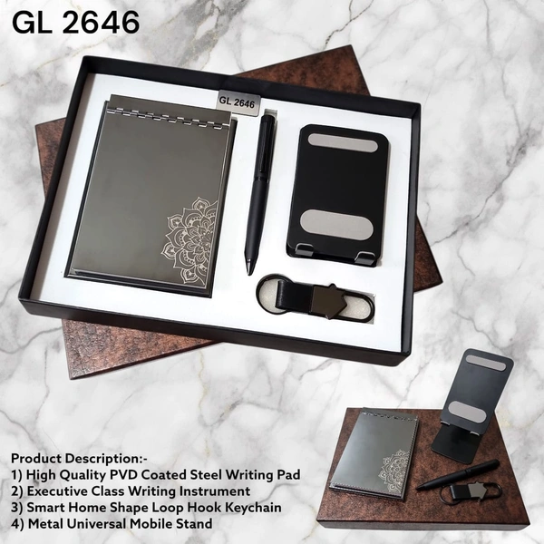 GL 2646 Steel GM PVD Coaster Slip Pad with Mobile,Pen & Keychain Set