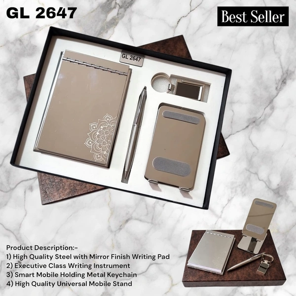 GL 2647 Steel Mirror Finish Paper pad with Mobile, Pen & keychain Combo Set