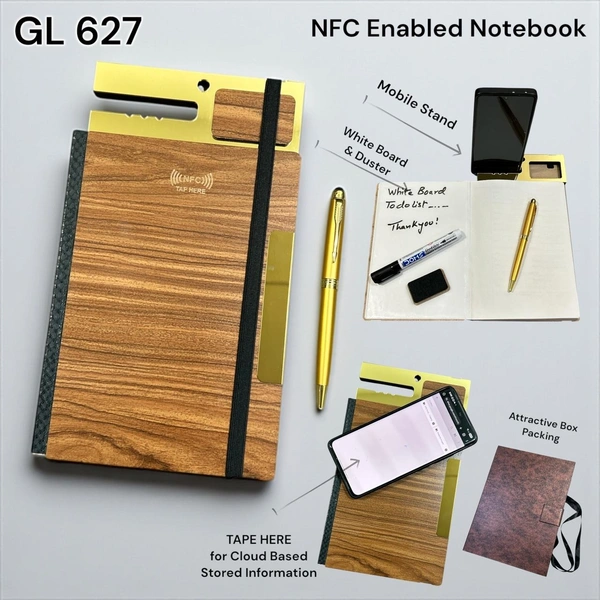 GL 627 Pen & NFC Teak/Gold Notebook A5 size with Special Mobile Stand Attachment