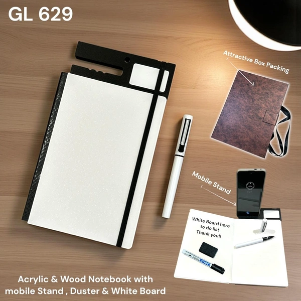 GL 629 Pen and NFC White Acrylic & Black Wood Notebook A5 size with Special Mobile Stand attachment