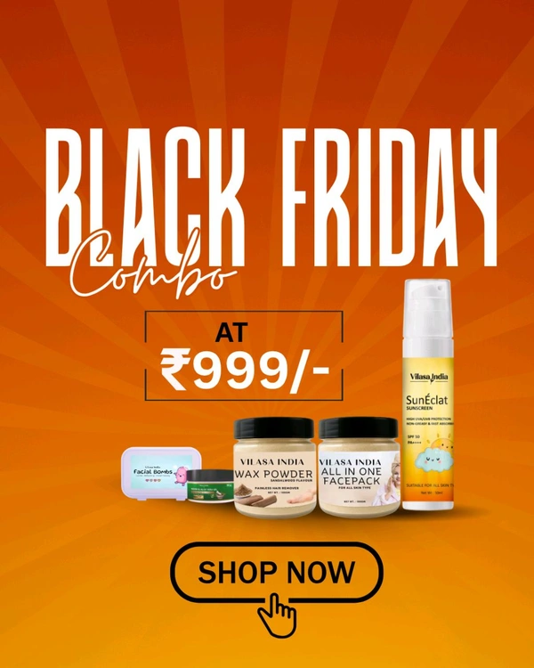 Vilasa India Black friday Combo 1(Sunscreen + Neem & Aloe Gel + Facepack + Wax Powder + Facial Bomb)