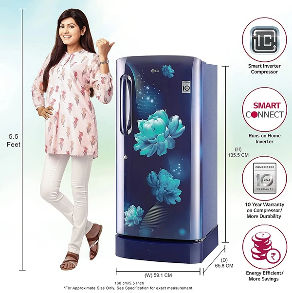 LG 215 L 4 Star Inverter Direct-Cool Single Door Refrigerator (GL-D221ABCY, Blue Charm, Base Stand with Drawer) - Kathua Hiranagar, Credit & Debit Card Accepted