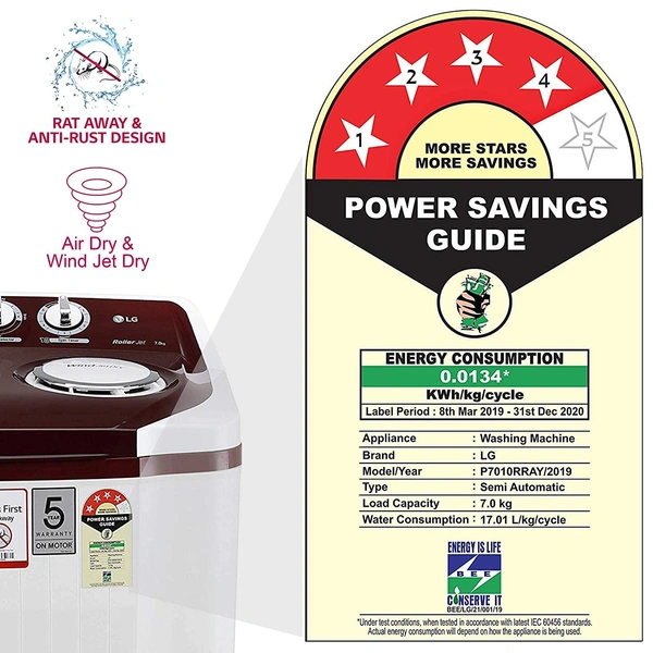 LG 7 Kg 4 Star Semi-Automatic Top Loading Washing Machine (P7010RRAY, Burgundy, Collar Scrubber) - Kathua Hiranagar Ghagwal, Credit & Debit Card Accepted