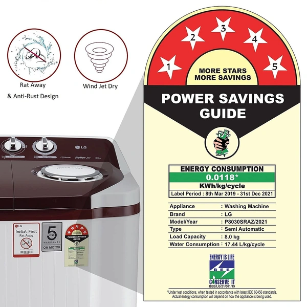 LG 8 Kg 5 Star Semi-Automatic Top Loading Washing Machine (P8030SRAZ, Burgundy, Collar Scrubber) - Kathua Hiranagar Jatwal, Credit & Debit Cards Accepted