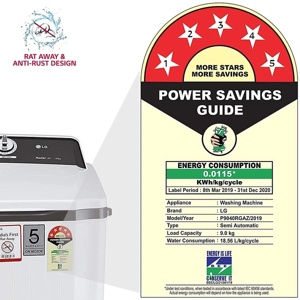 LG 9 kg 5 Star Semi-Automatic Top Loading Washing Machine (P9040RGAZ, Grey, Lint collector) - Hiranagar Kathua Jatwal, Credit & Debit Card Accepted, 3-5 Days