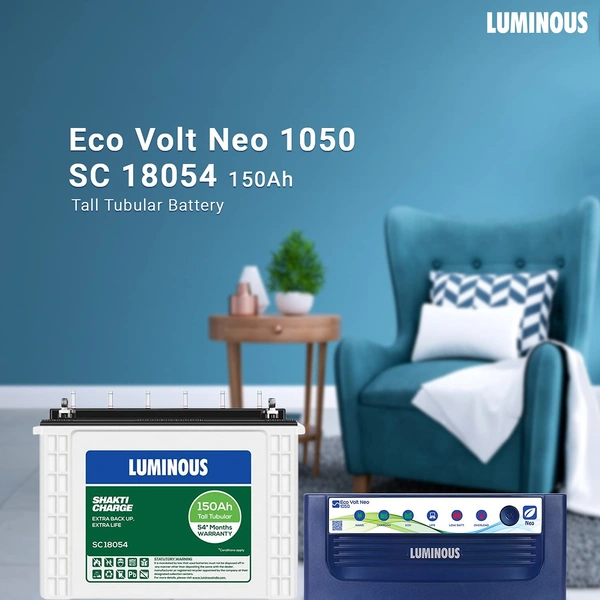 Luminous Eco Volt + 1050 with Shakti Charge SC18054 150Ah Tall Tubular Battery (White and Blue) - Kathua Hiranagar Jatwal, Credit & Debit Card Accepted