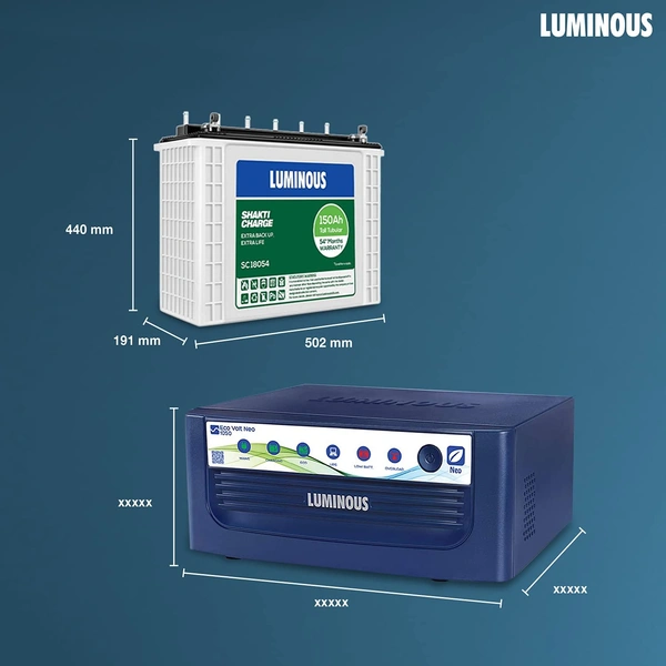 Luminous Eco Volt + 1050 with Shakti Charge SC18054 150Ah Tall Tubular Battery (White and Blue) - Kathua Hiranagar Jatwal, Credit & Debit Card Accepted