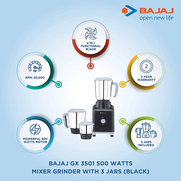 Bajaj GX 3501 500W Mixer Grinder with 3 Jars, Black - Hiranagar Jatwal Kathua, Credit & Debit Card Accepted