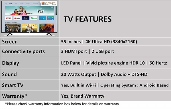 Mi 138.8 cm (55 Inches) 4K Ultra HD Android Smart LED TV 4X - FREE Scheduled Delivery
