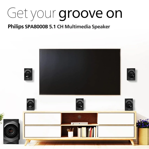 Philips Audio SPA8000B/94 5.1 Channel 120W Multimedia Speaker System with Bluetooth, 5x15W Satellite Speakers, LED Display, Robust Design & Matte Finish (Black) - Free Scheduled Delivery