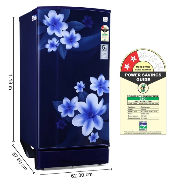 Godrej 185 L 2 Star Direct Cool Single Door Refrigerator (RD EDGE 200B 23 WRF PP BL, Pep Blue, Large Vegetable Tray) - 3-5 Days