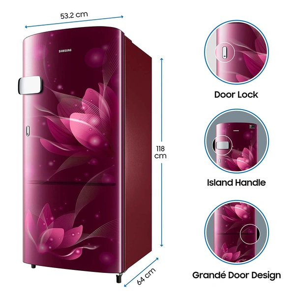 Samsung 192 L 3 Star Inverter Direct Cool Single Door Refrigerator (RR20A1Y2YR8/HL, Saffron Red) - 3-5 Days