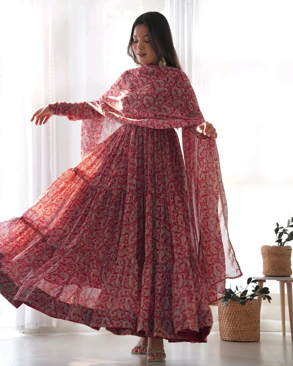 Pure Soft Fox Georgette Kalamkari Print Fabric Fully Flair Anarkali,with Duppta Set* - L