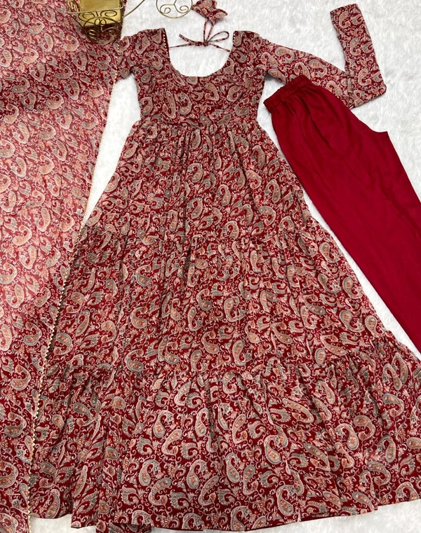 Pure Soft Fox Georgette Kalamkari Print Fabric Fully Flair Anarkali,with Duppta Set* - L