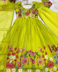 *Pure Soft Organza Silk Fabric Fully Flair Kali Pattern And Canvas Patta With Dupatta Set ,pent Ready To Wear* - M