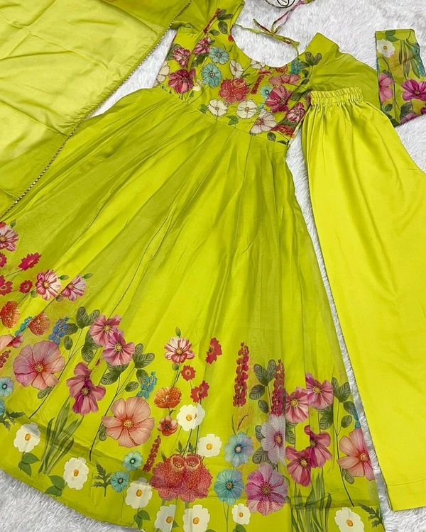 *Pure Soft Organza Silk Fabric Fully Flair Kali Pattern And Canvas Patta With Dupatta Set ,pent Ready To Wear* - M