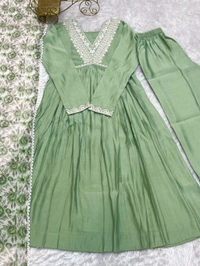 Presenting New Pure Soft Heavy Roman silk Chanderi Fabric Nyra Cut Kurta With Duppta Set, Pent Ready To Wear* - L