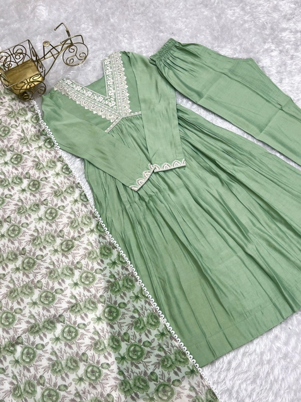 Presenting New Pure Soft Heavy Roman silk Chanderi Fabric Nyra Cut Kurta With Duppta Set, Pent Ready To Wear* - L