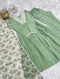 Presenting New Pure Soft Heavy Roman silk Chanderi Fabric Nyra Cut Kurta With Duppta Set, Pent Ready To Wear* - Xl