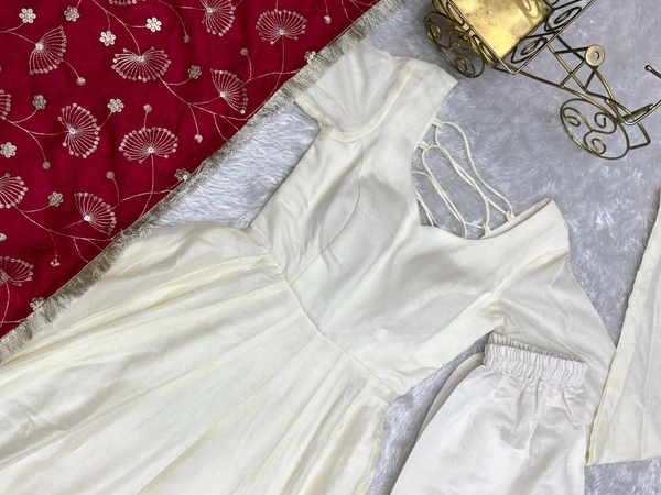 Pure Soft Vichitra Silk Fabric Fully Flair Kali Pattern And Canvas Patta With Duppta Set,pent Ready To Wear* - Xs