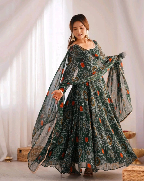 Anarkali Pure Chinon Bandhej  - S
