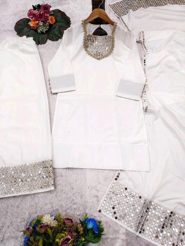 π Top Fabric:- Heavy French Creap With Real Mirror Work With Fancy Lace In Neck With Slvees button - L