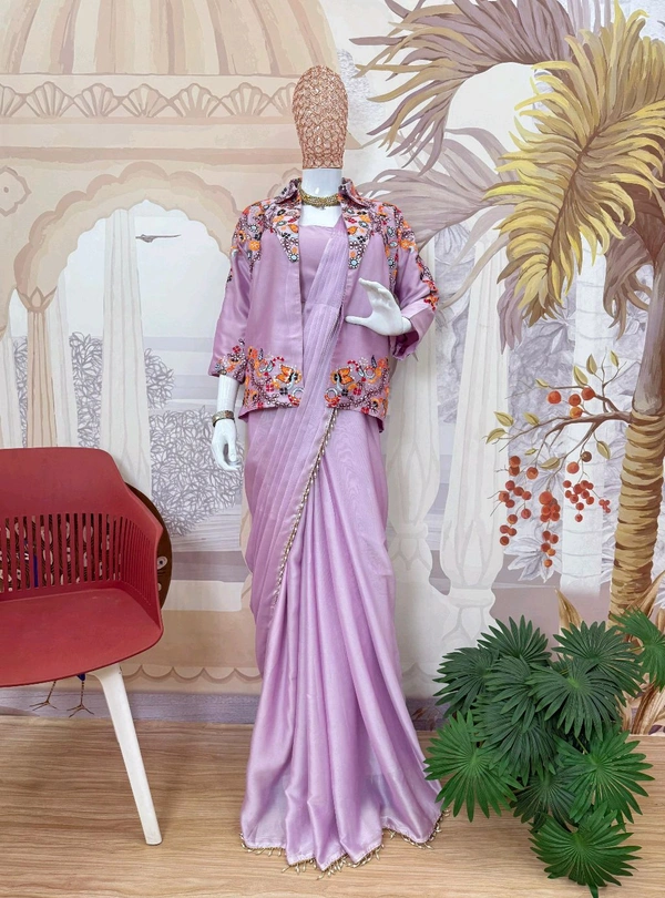 INDO-WESTERN DRAPE SAREE….*
*🥻WE ARE LAUNCHING NEW SUPERHIT TRENDING INDO-WESTERN READY TO WEAR SAREE WITH FULLY EMBROIDERED KOTI ON RANGOLI SILK FABRIC WITH STITCH BLOUSE