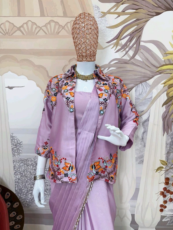 INDO-WESTERN DRAPE SAREE….*
*🥻WE ARE LAUNCHING NEW SUPERHIT TRENDING INDO-WESTERN READY TO WEAR SAREE WITH FULLY EMBROIDERED KOTI ON RANGOLI SILK FABRIC WITH STITCH BLOUSE