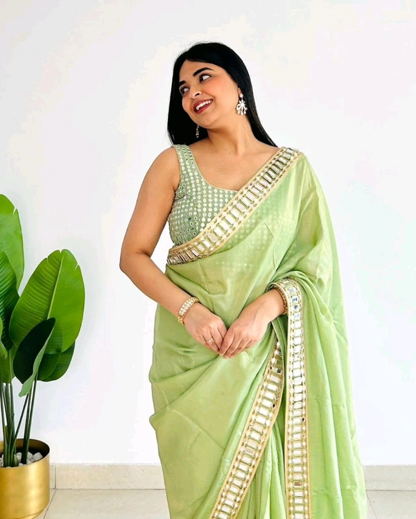 New trending original mirror and embroidery work satin silk saree….*