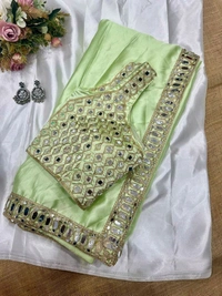 New trending original mirror and embroidery work satin silk saree….*