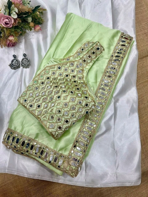 New trending original mirror and embroidery work satin silk saree….*