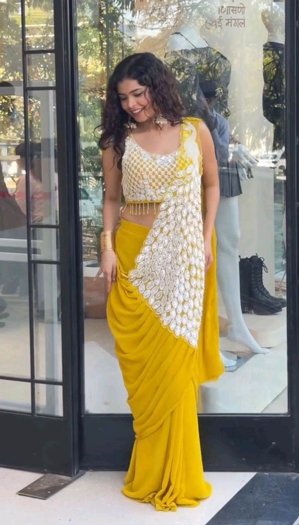 DRAPE SAREE….* 🚀
*🥻WE ARE LAUNCHING NEW SUPERHIT TRENDING READY TO WEAR SAREE WITH FULLY EMBROIDERED STYLIST BLOUSE ON  FAUX
