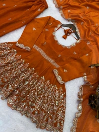 👚 *TOP:*
• *Fabric:* *Fendy Silk*
• *Design:* *Embroidery Sequence Work*
• *Sleeves:* Full
• *Inner:* Heavy Micro Cotton
• *Length:* 29-30 inches - M-38