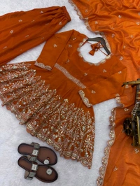 👚 *TOP:*
• *Fabric:* *Fendy Silk*
• *Design:* *Embroidery Sequence Work*
• *Sleeves:* Full
• *Inner:* Heavy Micro Cotton
• *Length:* 29-30 inches - M-38