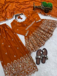 👚 *TOP:*
• *Fabric:* *Fendy Silk*
• *Design:* *Embroidery Sequence Work*
• *Sleeves:* Full
• *Inner:* Heavy Micro Cotton
• *Length:* 29-30 inches - M-38