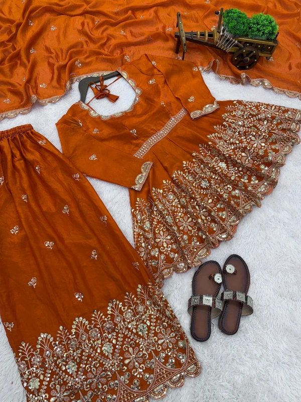 👚 *TOP:*
• *Fabric:* *Fendy Silk*
• *Design:* *Embroidery Sequence Work*
• *Sleeves:* Full
• *Inner:* Heavy Micro Cotton
• *Length:* 29-30 inches - M-38