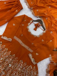 👚 *TOP:*
• *Fabric:* *Fendy Silk*
• *Design:* *Embroidery Sequence Work*
• *Sleeves:* Full
• *Inner:* Heavy Micro Cotton
• *Length:* 29-30 inches - M-38