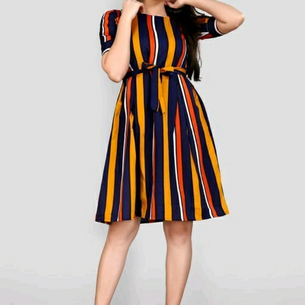 Yellow Horizontal Striped Pattern Cotton Dress - XS