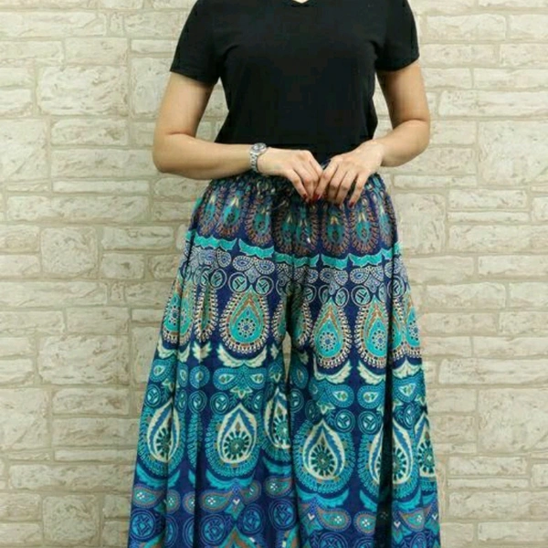 Blue Patterned Cotton Palazzo - Free Size