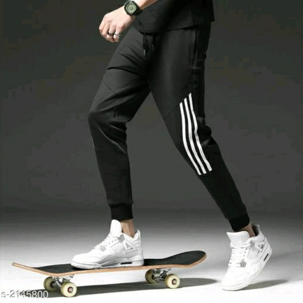 Black Polyester Track Pant (White Stripes) - S