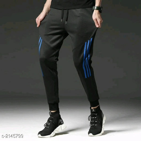 Black Polyester Track Pant (Blue Stripes) - S