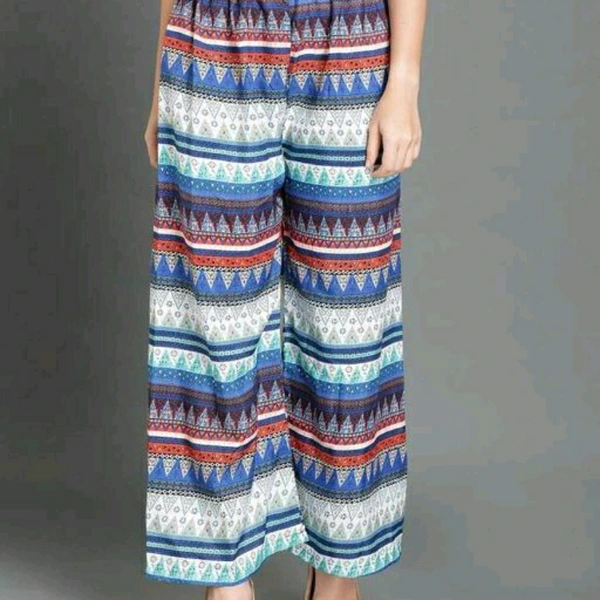 Blue Horizontal Stripe Pattern Crepe Palazzo For Women - 28