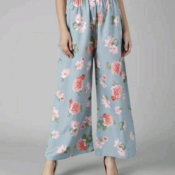 Flower Printed Sky Blue Crepe Palazzo For Women - 28