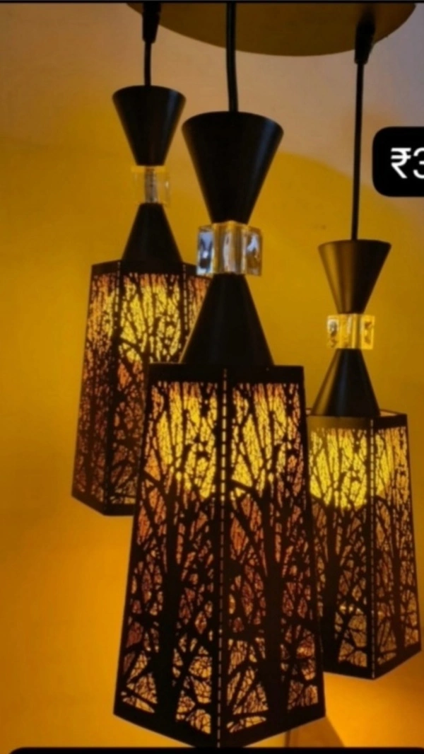 Modern Laser Cut Tree Branch Hanging Light | Triple Pendant Light in Jaipur - Sriramlighthouse.in - Gold, Black