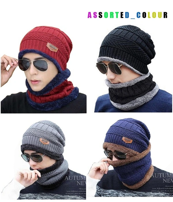 MEN WOOLEN CAP WITH NECK WARMER AND CAP WITH INSIDE FURR COLOR MIX COLOR PACK ONLY  - free, 6