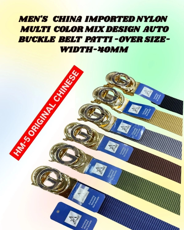 MEN'S CHINA IMPORTET NYLONE MULTI COLOR MIX DESIGN AUTO BUCKLE BELT PATTI OVER SIZE WIDTH 40MM - FREE SIZE, 12