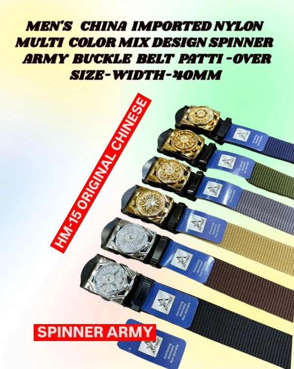 MEN'S CHINA IMPORTED NYLONE MULTI COLOR MIX DESIGN SPINNER ARMY BUCKLE BELT PATTI -OVER SIZE -WIDTH-40MM - FREE SIZE, 12
